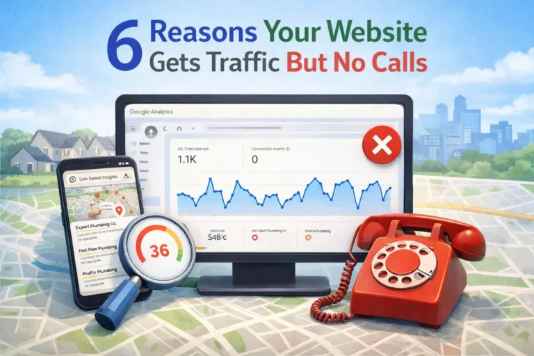 Service business website getting traffic but no calls showing analytics data, low speed score, and conversion issues