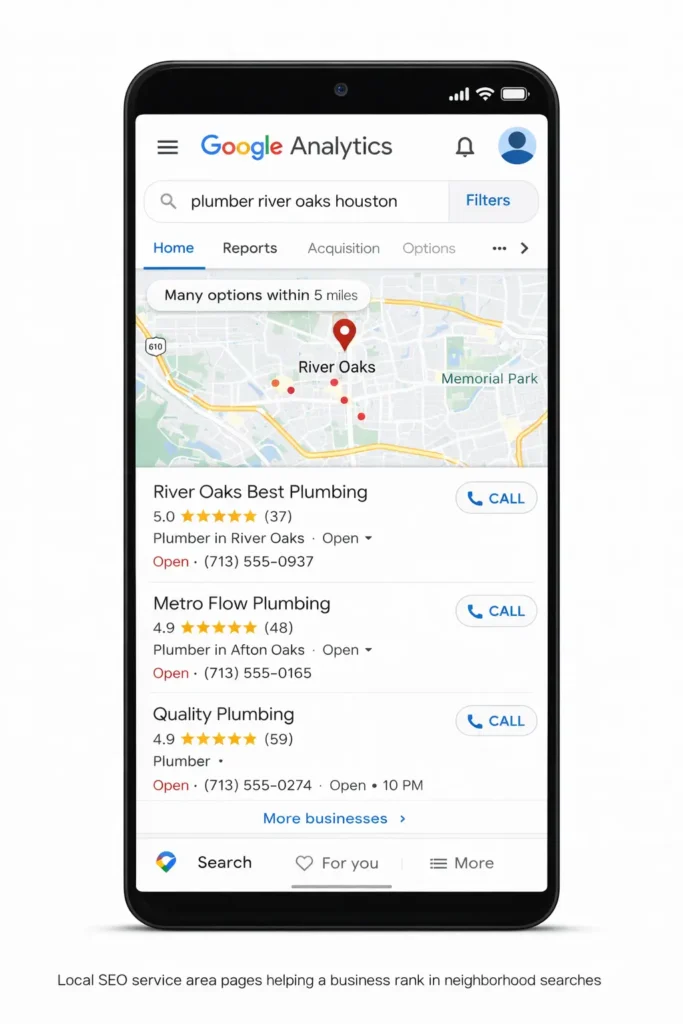 Google Maps showing a service business appearing in the local Map Pack for a specific city neighborhood search