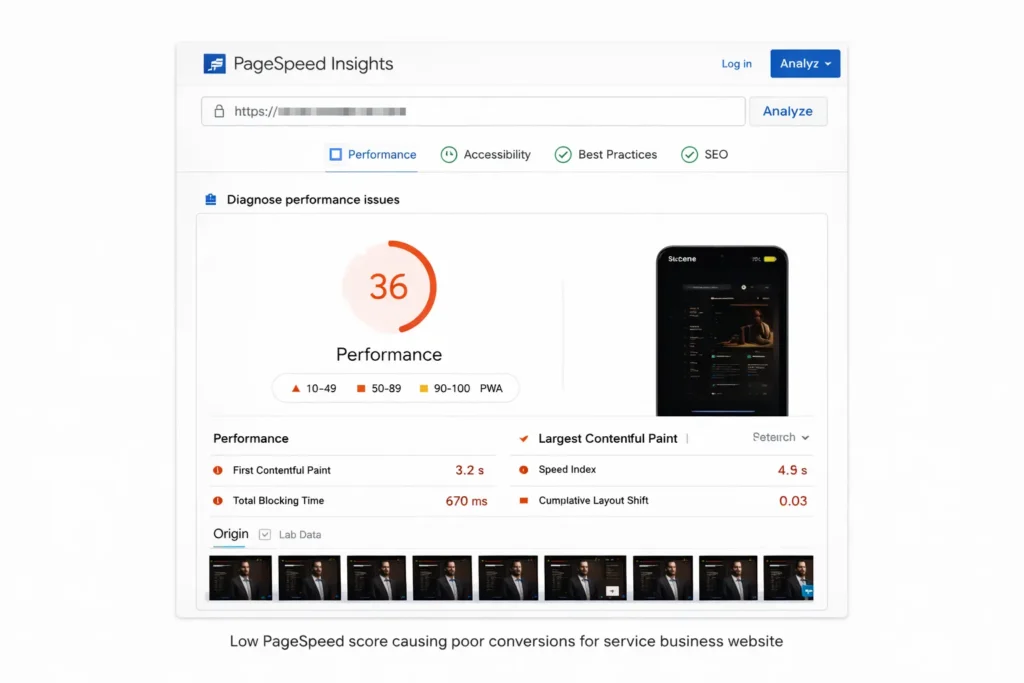 Low PageSpeed score causing poor conversions for service business website