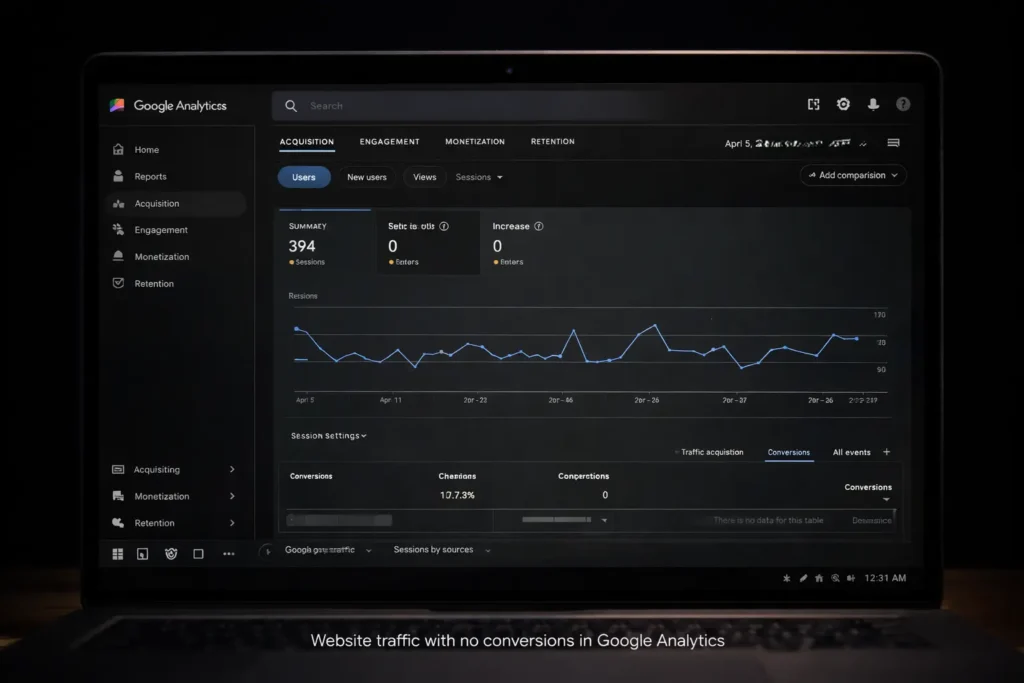 Google Analytics screenshot showing website traffic but no call or lead conversions for a service business