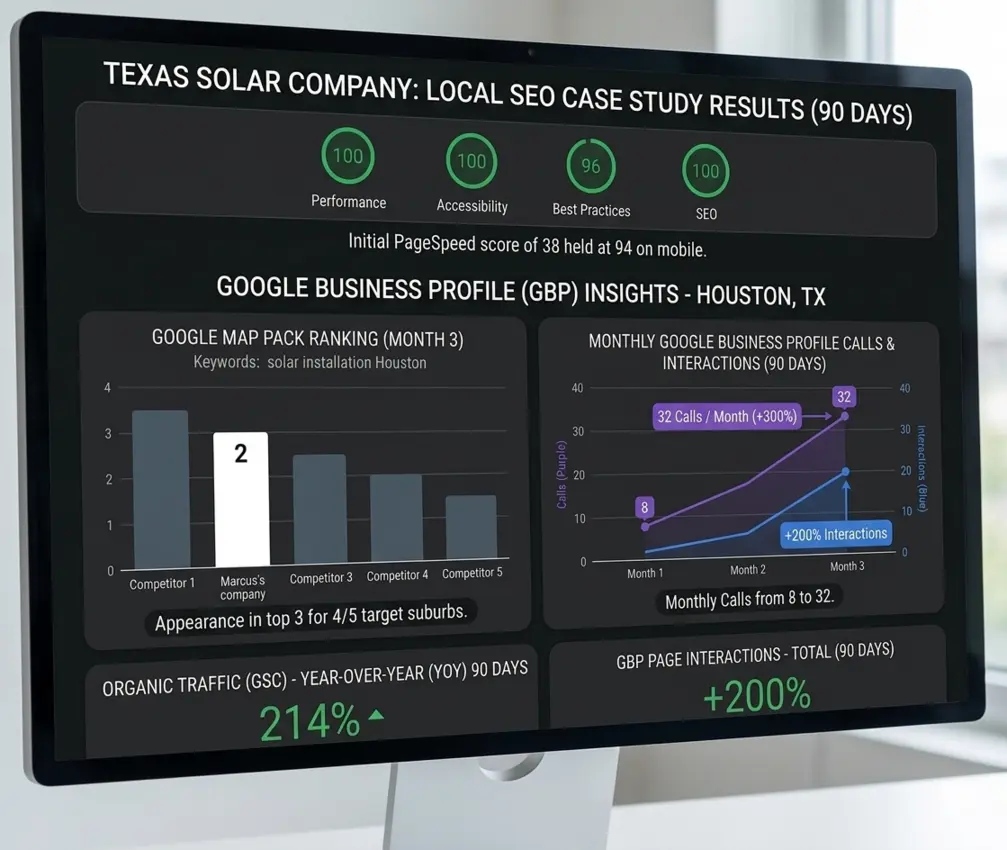 Google Business Profile analytics showing calls growing from 8 to 32 per month for a Houston Texas solar installation company