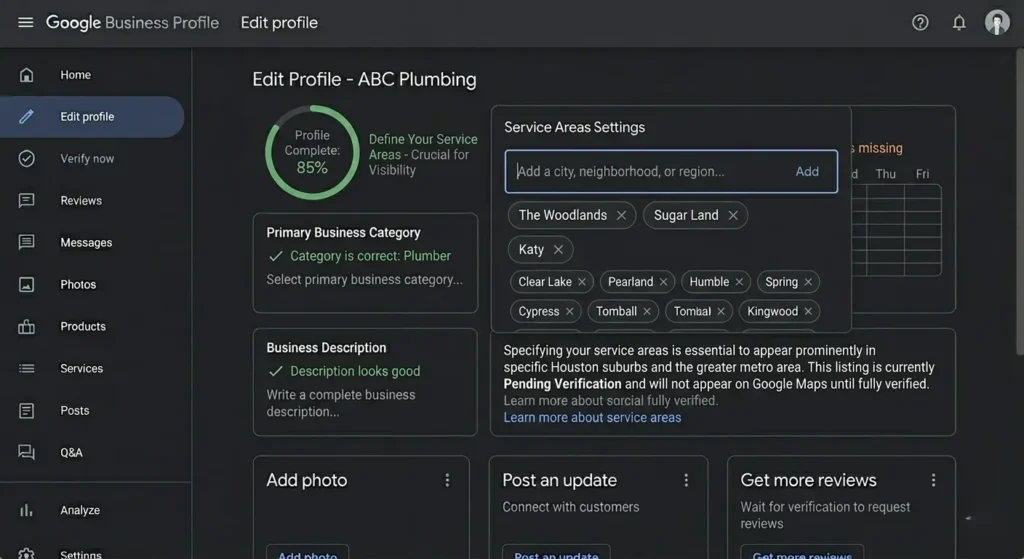Google Business Profile dashboard showing service area business settings where you can define specific cities and neighborhoods you serve