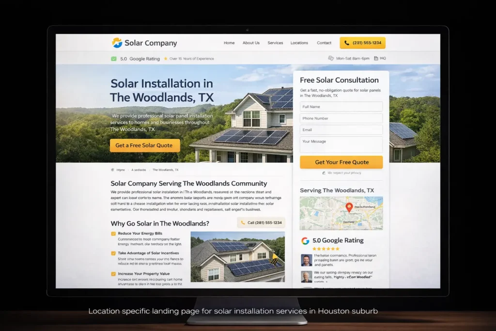 Service area page targeting solar installation customers in a specific Houston Texas neighborhood for local SEO