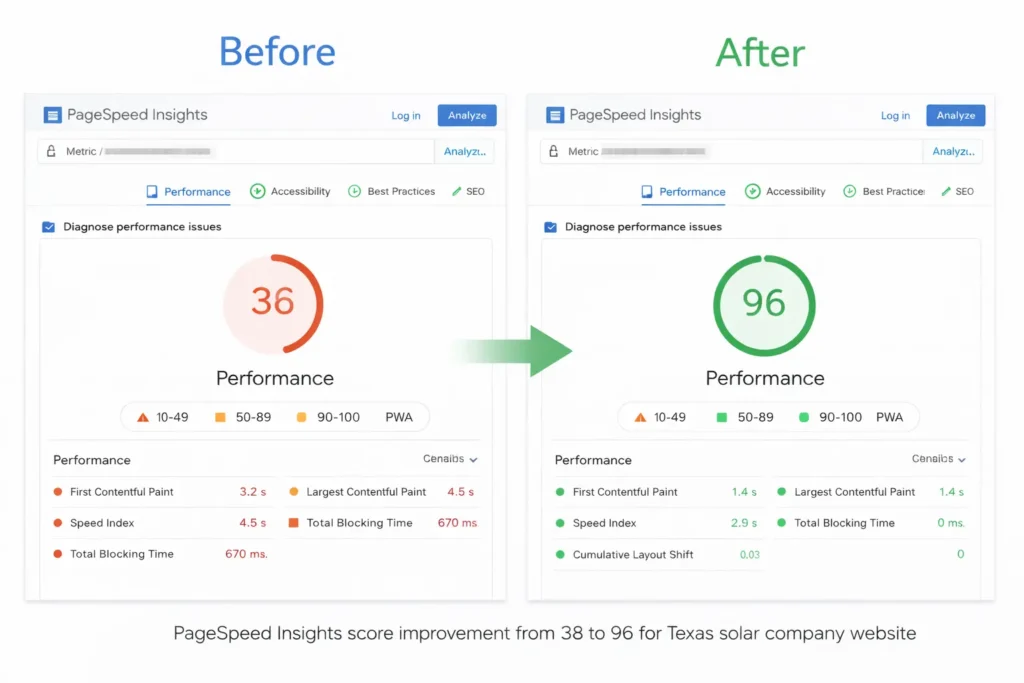 PageSpeed Insights showing mobile performance score improvement from 38 to 96 after Core Web Vitals optimization for a solar installer