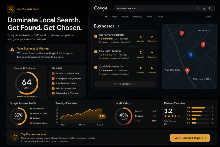 Local SEO audit concept showing Google Maps rankings and business visibility analysis