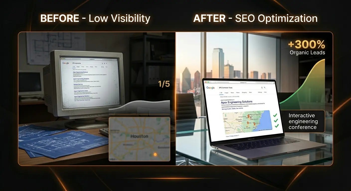 Engineering SEO before and after results showing ranking improvement