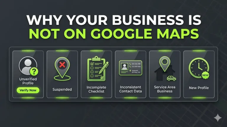 A professional dashboard showing the 6 reasons a business is not showing on Google Maps, including verification issues, suspensions, and incomplete profiles.