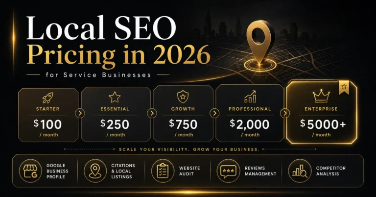 Local SEO Pricing in 2026 - What It Costs and What You Actually Get 6 Infographic showing local SEO pricing tiers from $100 to over $3000 per month with what each price range includes for small service businesses