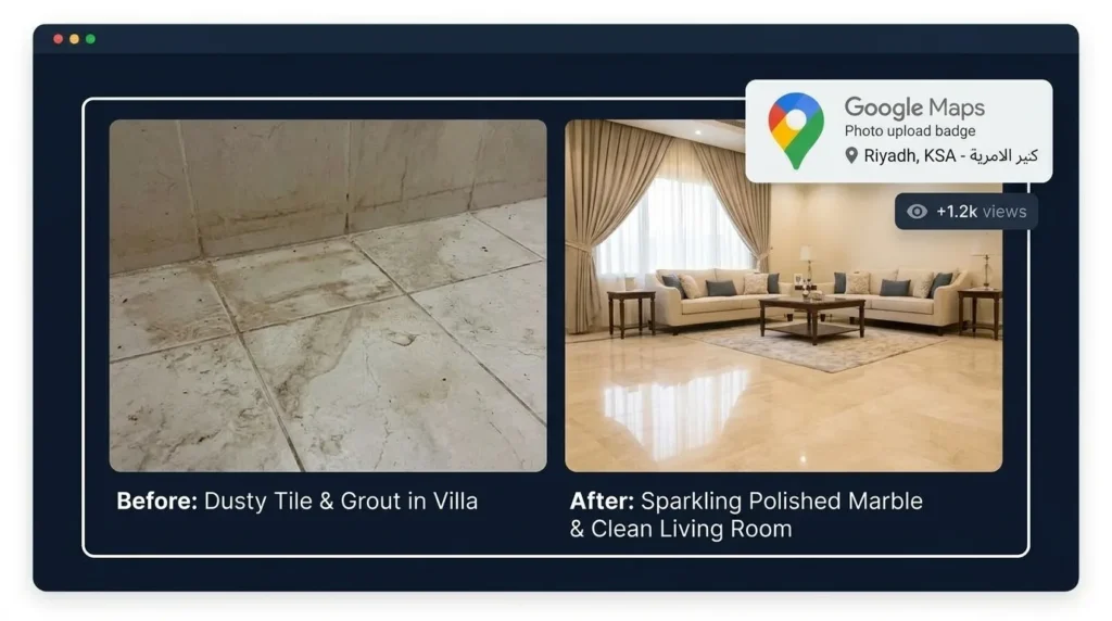 Before and after style visual representing completed cleaning service work uploaded to a Google Business Profile