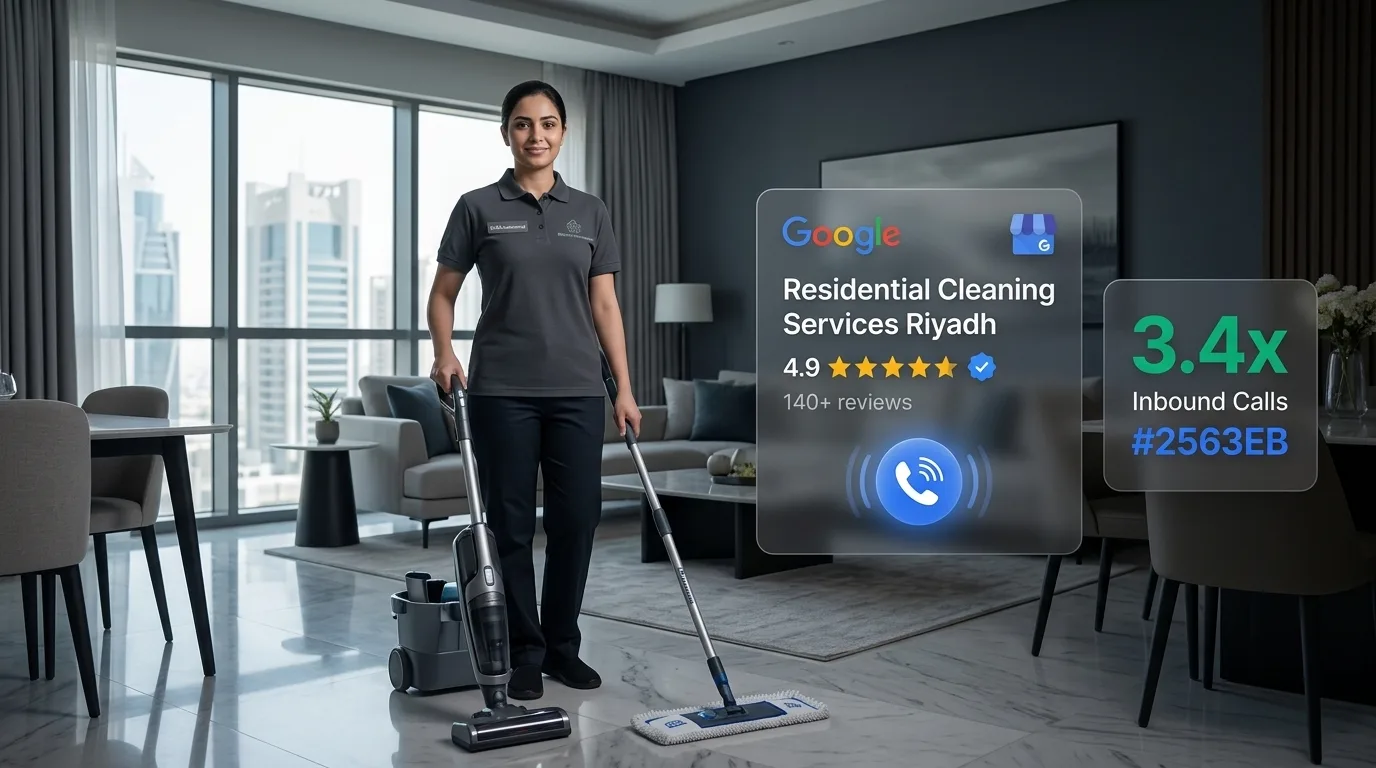 Professional cleaning team in Riyadh with floating Google Maps 3-pack rankings, verified Google Business Profile, and incoming call metrics.