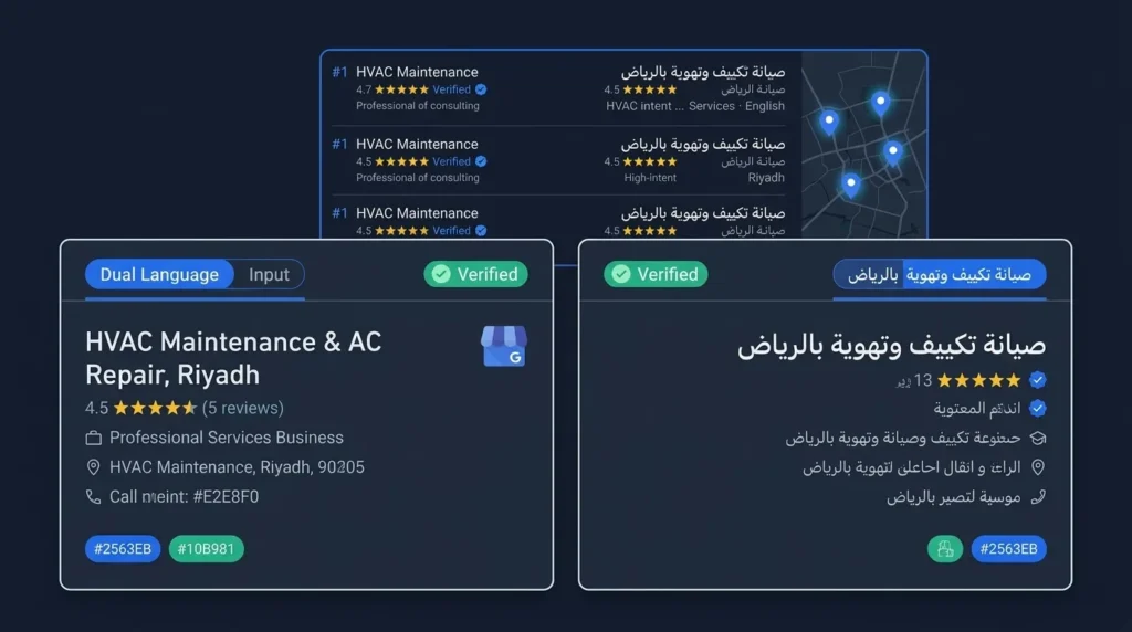 How to Rank on Google Maps in Saudi Arabia 2 Google Business Profile settings showing Arabic and English business information fields for Saudi Arabia local search