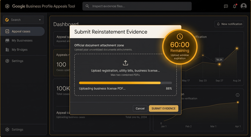 High-resolution dashboard mockup of the Google Business Profile Appeals Tool showing document attachment and a 60-minute countdown indicator