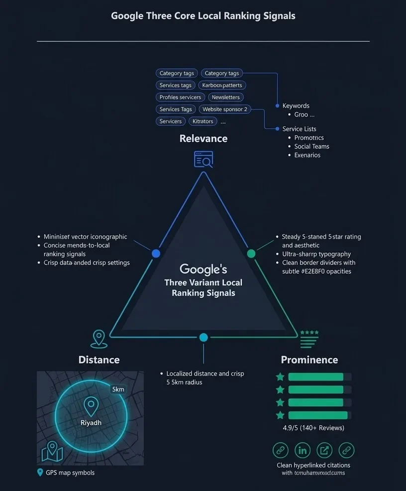 Diagram breaking down the three Google local ranking factors: Relevance, Distance, and Prominence with actionable signals.