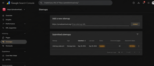 Google Search Console sitemap submission screen showing a healthy status and successful discovery of URLs.