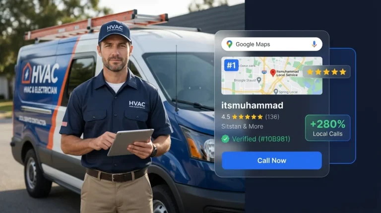 Local contractor technician with tablet reviewing Google Maps 3-Pack rankings, 5-star ratings, and incoming call metrics.