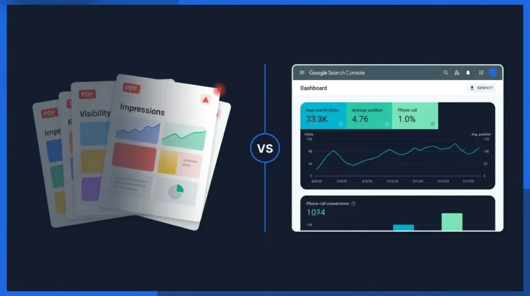 SEO agency accountability dashboard concept comparing monthly reports with real Google Search Console organic traffic and ranking results.