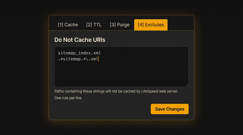 LiteSpeed Cache settings dashboard showing sitemap exclusion rules to prevent 404 errors.