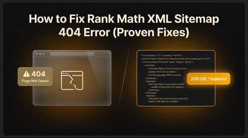 A split screen showing a broken WordPress 404 error page versus a healthy Rank Math XML sitemap with a 200 OK status on a dark tech dashboard.