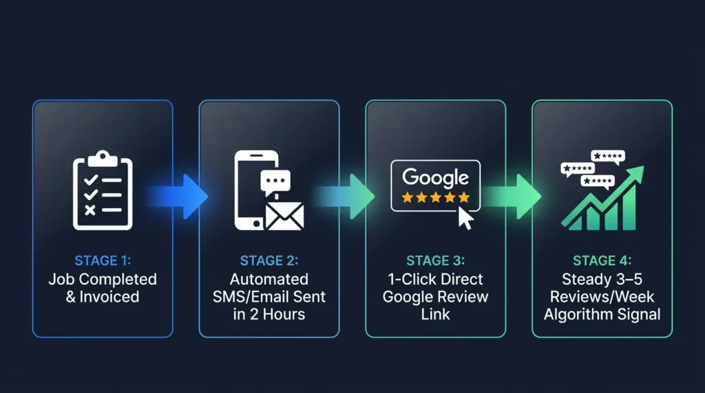 Diagram showing a simple review request workflow for local businesses