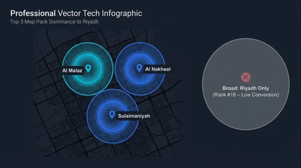 Local Map Pack radius diagram comparing district-specific targeting in Al Malaz, Al Nakheel, and Sulaimaniyah against broad city targeting.