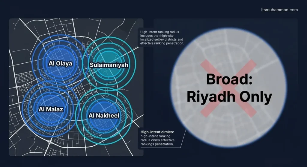 How to Rank on Google Maps in Saudi Arabia 3 Rank on Google Maps in Saudi Arabia: hyper-local district targeting infographic for Riyadh districts