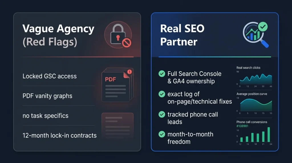 Comparison infographic detailing low-effort SEO agency warning signs versus transparent SEO consultant deliverables.