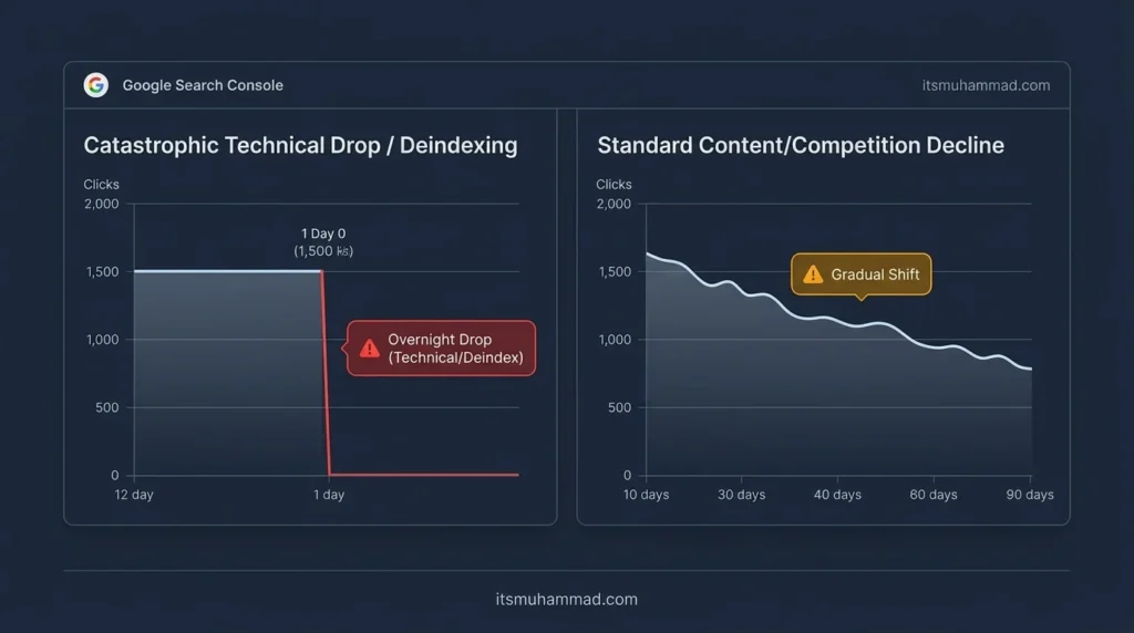 Why Your Business Disappeared from Google Overnight 2 Website disappeared from Google: Search Console graph showing sudden traffic drop to zero versus slow decline
