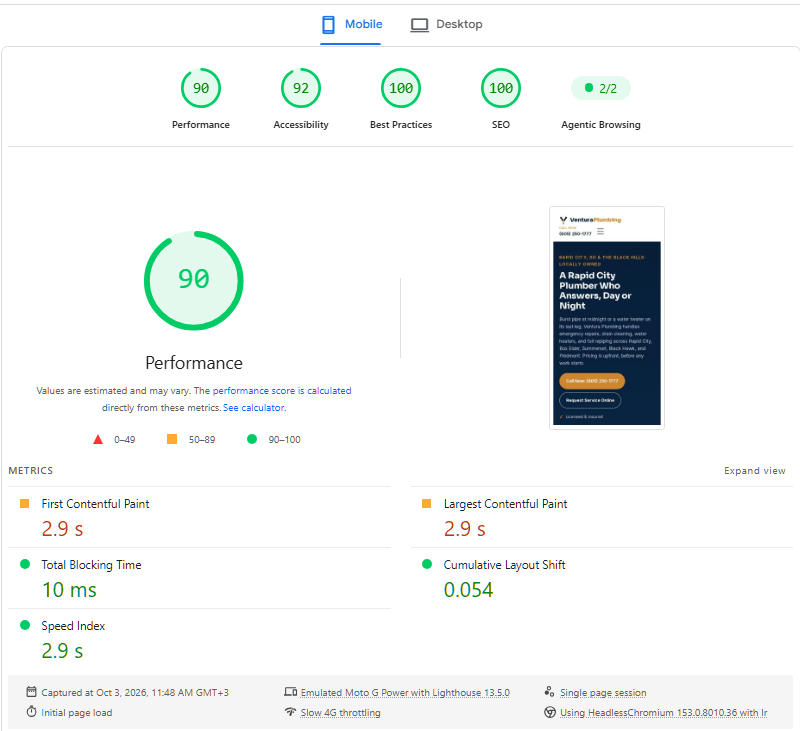 Case Studies 4 PageSpeed Insights mobile score 90 for Ventura Plumbing