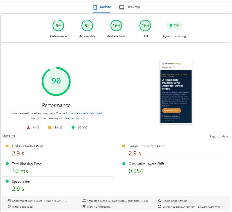 Case Studies 4 PageSpeed Insights mobile score 90 for Ventura Plumbing